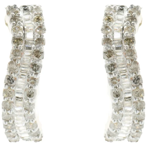 14 Karat Yellow Gold Round and Baguette Diamond Wave Hoop Earrings