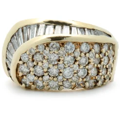14 Karat Yellow Gold Round and Baguette Cut Diamond Swirl Ring