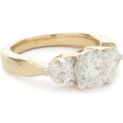 14 Karat Yellow Gold Round Brilliant Cut Diamond Three Stone Engagement Ring
