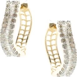 14 Karat Yellow Gold Round and Baguette Diamond Wave Hoop Earrings