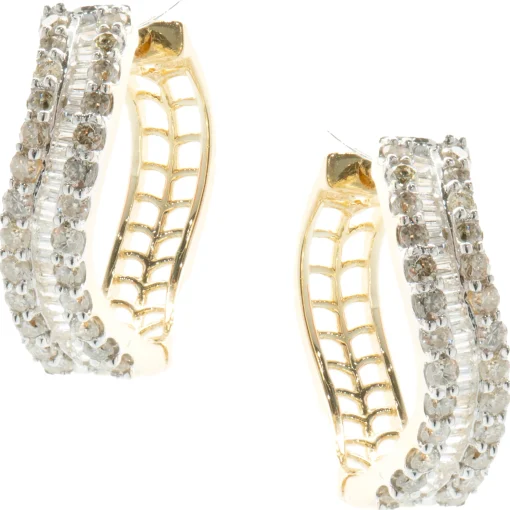 14 Karat Yellow Gold Round and Baguette Diamond Wave Hoop Earrings