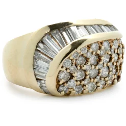 14 Karat Yellow Gold Round and Baguette Cut Diamond Swirl Ring