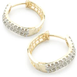 14 Karat Yellow Gold Round and Baguette Diamond Wave Hoop Earrings