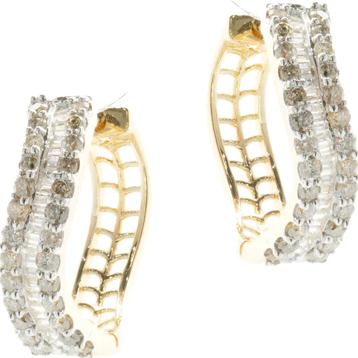 14 Karat Yellow Gold Round and Baguette Diamond Wave Hoop Earrings