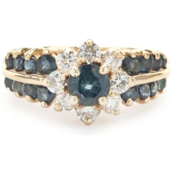 14 Karat Yellow Gold Sapphire and Diamond Flower Ring