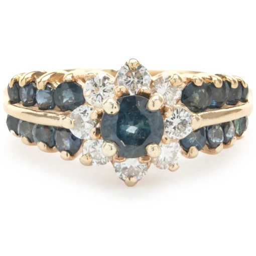 14 Karat Yellow Gold Sapphire and Diamond Flower Ring