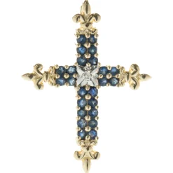 10 Karat Yellow Gold Sapphire and Diamond Cross Pendant