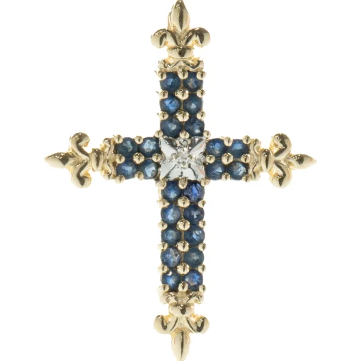 10 Karat Yellow Gold Sapphire and Diamond Cross Pendant