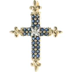 10 Karat Yellow Gold Sapphire and Diamond Cross Pendant