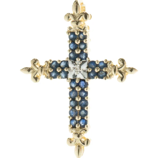 10 Karat Yellow Gold Sapphire and Diamond Cross Pendant