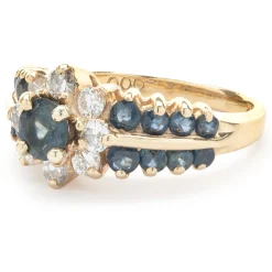 14 Karat Yellow Gold Sapphire and Diamond Flower Ring