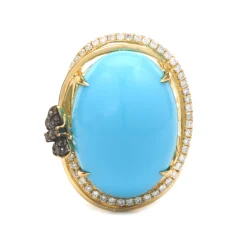 14 Karat Yellow Gold Sleeping Beauty Turquoise and Diamond Ring with Chocolate Diamond Accents