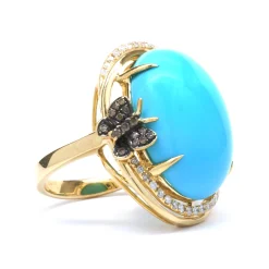 14 Karat Yellow Gold Sleeping Beauty Turquoise and Diamond Ring with Chocolate Diamond Accents