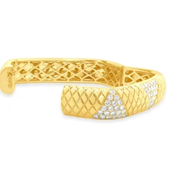 14 Karat Yellow Gold Snake Skin Textured Diamond Squared Bangle Bracelet