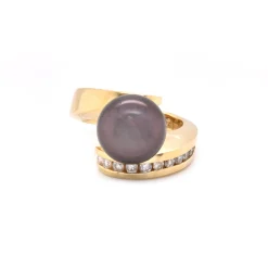 14 Karat Yellow Gold Tahitian Pearl and Diamond Bypass Ring