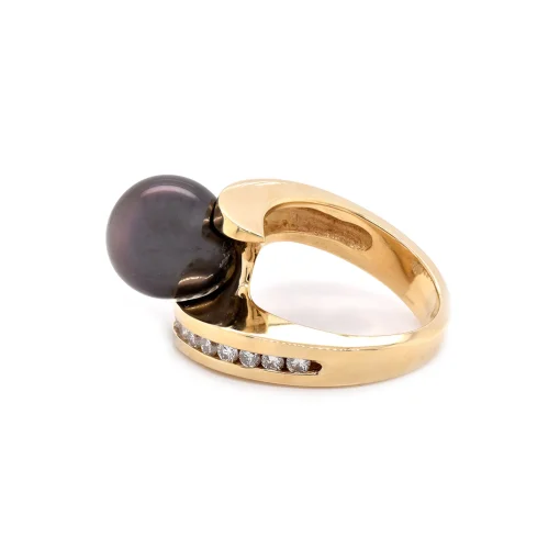 14 Karat Yellow Gold Tahitian Pearl and Diamond Bypass Ring