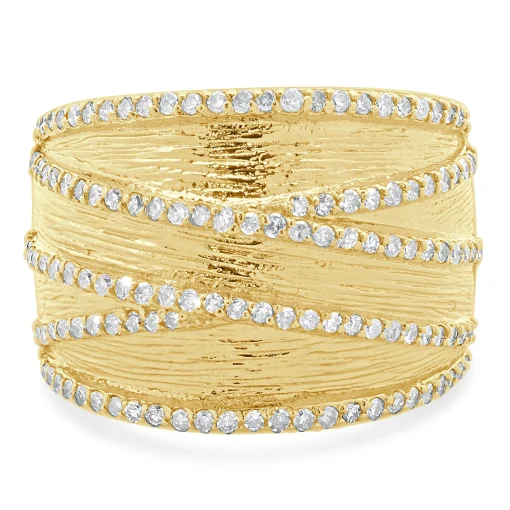 14 Karat Yellow Gold Textured Wide Diamond Crossover Band