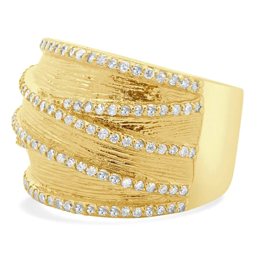 14 Karat Yellow Gold Textured Wide Diamond Crossover Band