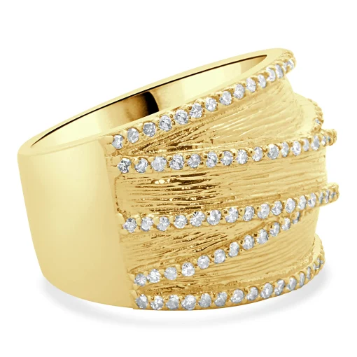 14 Karat Yellow Gold Textured Wide Diamond Crossover Band