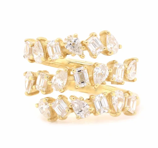 18 Karat Yellow Gold Three Row Pear and Baguette Diamond Bypass Ring
