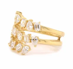 18 Karat Yellow Gold Three Row Pear and Baguette Diamond Bypass Ring