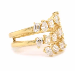 18 Karat Yellow Gold Three Row Pear and Baguette Diamond Bypass Ring