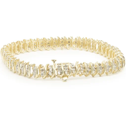 14 Karat Yellow Gold Triple Row Diamond S Link Bracelet