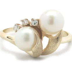 10 Karat Yellow Gold Vintage Double Akoya Pearl and Diamond Bypass Ring