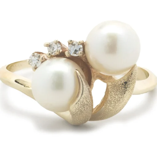 10 Karat Yellow Gold Vintage Double Akoya Pearl and Diamond Bypass Ring