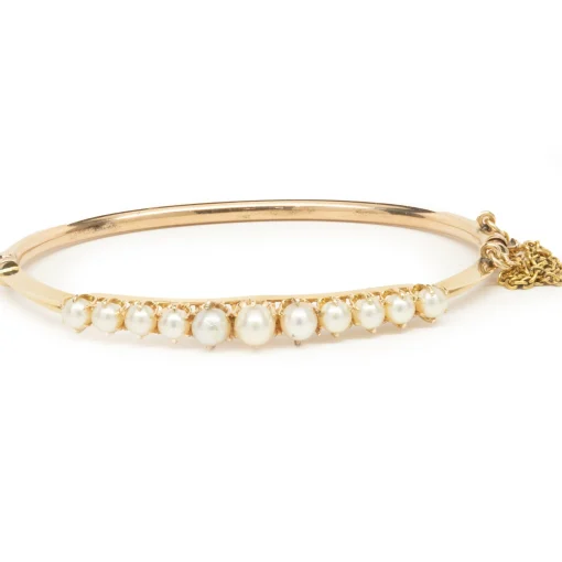 14 Karat Yellow Gold Vintage Pearl Bangle Bracelet
