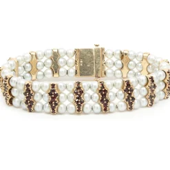 14 Karat Yellow Gold Vintage Cultured Pearl and Garnet Bracelet