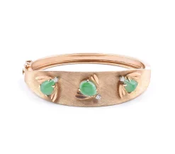 14 Karat Yellow Gold Vintage Jade Bee and Diamond Bangle Bracelet