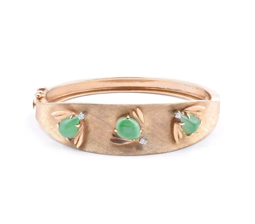 14 Karat Yellow Gold Vintage Jade Bee and Diamond Bangle Bracelet