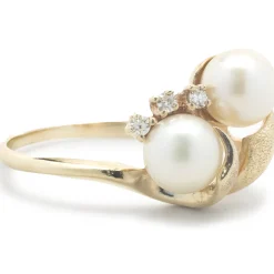 10 Karat Yellow Gold Vintage Double Akoya Pearl and Diamond Bypass Ring
