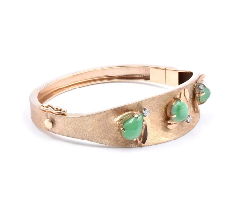 14 Karat Yellow Gold Vintage Jade Bee and Diamond Bangle Bracelet