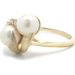 10 Karat Yellow Gold Vintage Double Akoya Pearl and Diamond Bypass Ring
