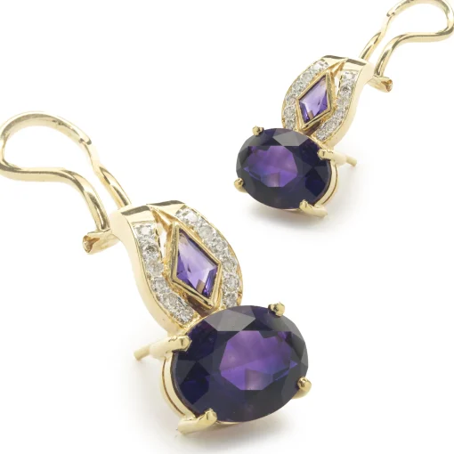 18 Karat Yellow Gold Vintage Diamond and Amethyst Drop Earrings