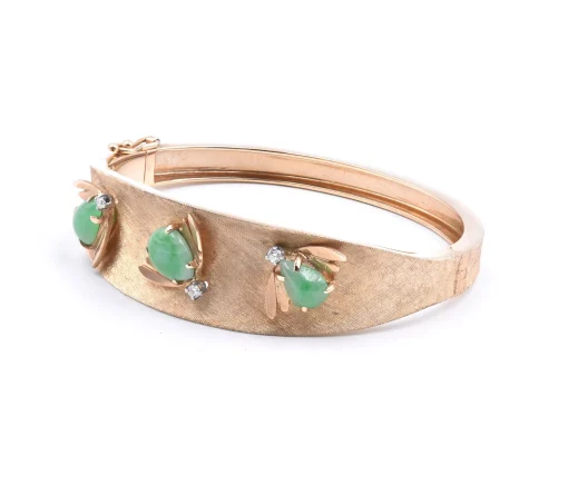 14 Karat Yellow Gold Vintage Jade Bee and Diamond Bangle Bracelet