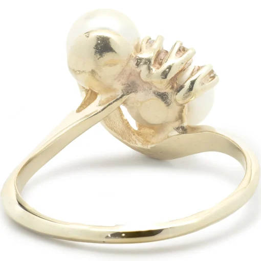 10 Karat Yellow Gold Vintage Double Akoya Pearl and Diamond Bypass Ring