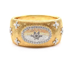 18 Karat Yellow Gold Wide Vintage Diamond Snowflake Cuff Bracelet