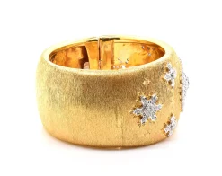18 Karat Yellow Gold Wide Vintage Diamond Snowflake Cuff Bracelet