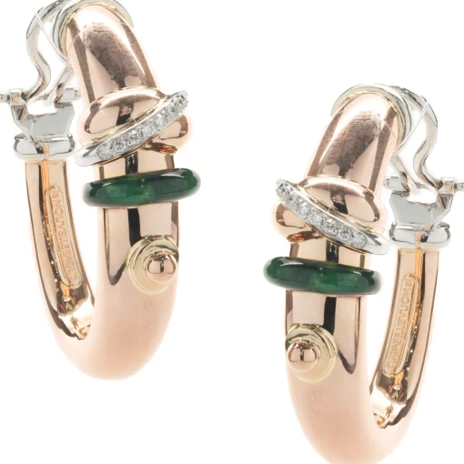 La Nouvelle Bague 18 Karat Rose Gold Green Enamel and Diamond Hoop Earrings