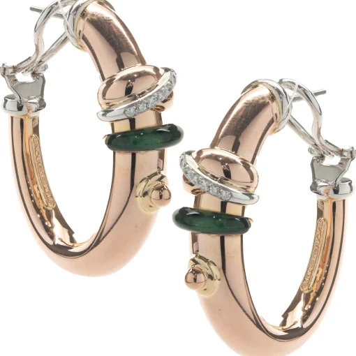 La Nouvelle Bague 18 Karat Rose Gold Green Enamel and Diamond Hoop Earrings