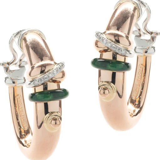La Nouvelle Bague 18 Karat Rose Gold Green Enamel and Diamond Hoop Earrings