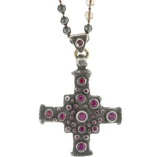 Lee Brevard Sterling Silver Smoky Topaz and Hematite Maltese Cross Necklace