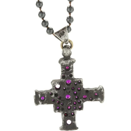 Lee Brevard Sterling Silver Smoky Topaz and Hematite Maltese Cross Necklace