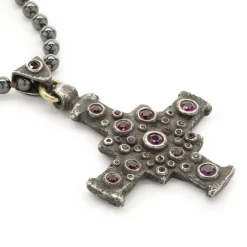 Lee Brevard Sterling Silver Smoky Topaz and Hematite Maltese Cross Necklace
