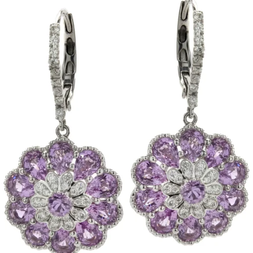 Salavetti 18 Karat White Gold Pink Sapphire and Diamond Floral Drop Earrings