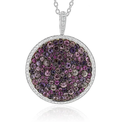 Salavetti 18 Karat White Gold Pave Pink Sapphire and Diamond Disc Necklace