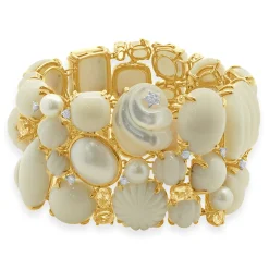 Seaman Schepps 18 Karat Yellow Gold Carved Coral, Mother of Pearl, Diamond, and Morganite Wide Bracelet